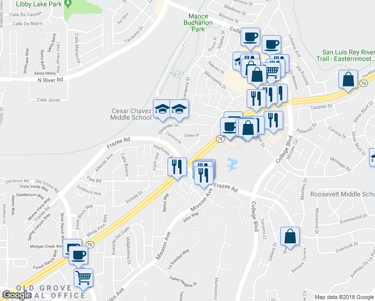 map of restaurants, bars, coffee shops, grocery stores, and more near 4700 Maclura Street in Oceanside