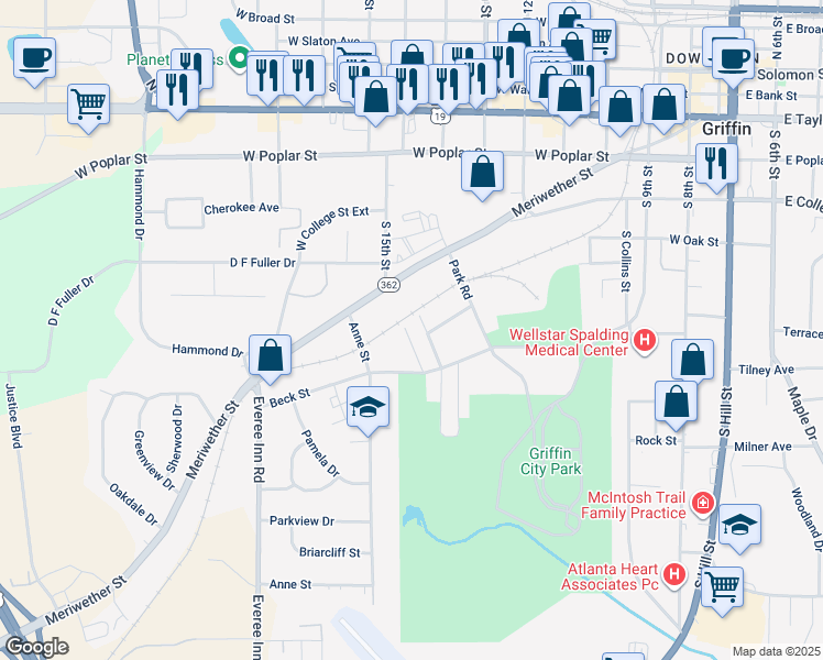 map of restaurants, bars, coffee shops, grocery stores, and more near 721 Scales Street in Griffin