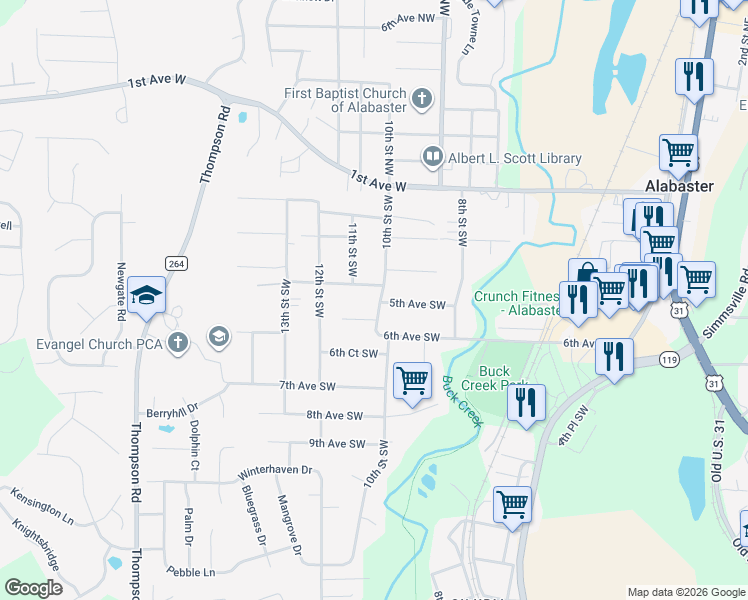 map of restaurants, bars, coffee shops, grocery stores, and more near 963 5th Avenue Southwest in Alabaster