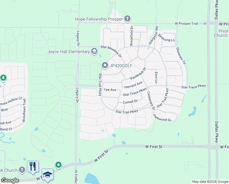 map of restaurants, bars, coffee shops, grocery stores, and more near 2090 Windomere Drive in Prosper