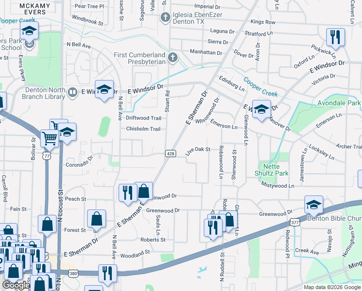 map of restaurants, bars, coffee shops, grocery stores, and more near 924 Farm to Market Road 428 in Denton