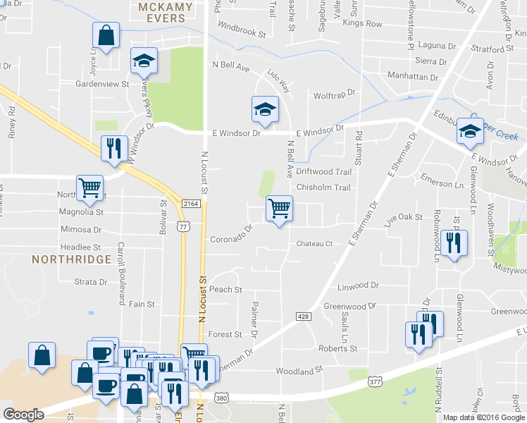 map of restaurants, bars, coffee shops, grocery stores, and more near 301 Coronado Drive in Denton