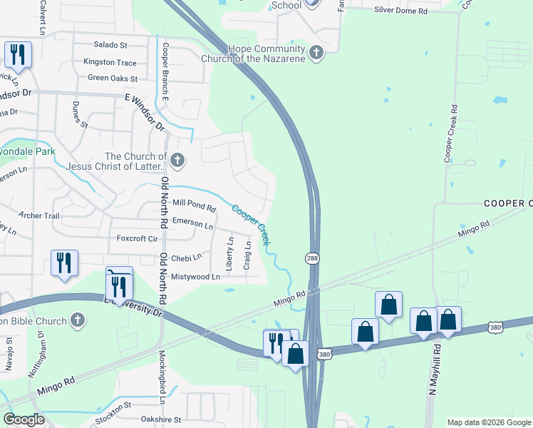 map of restaurants, bars, coffee shops, grocery stores, and more near 2604 Province Street in Denton