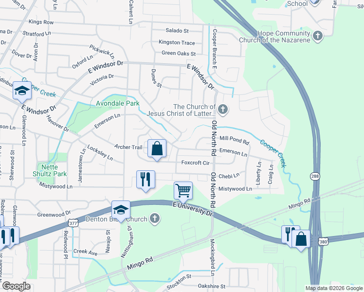 map of restaurants, bars, coffee shops, grocery stores, and more near 2423 Emerson Lane in Denton