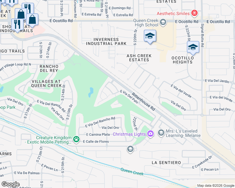 map of restaurants, bars, coffee shops, grocery stores, and more near 22033 East Vía Del Palo in Queen Creek