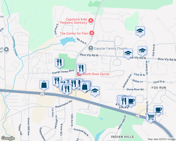 map of restaurants, bars, coffee shops, grocery stores, and more near 1059 Fairfax Drive in Tuscaloosa