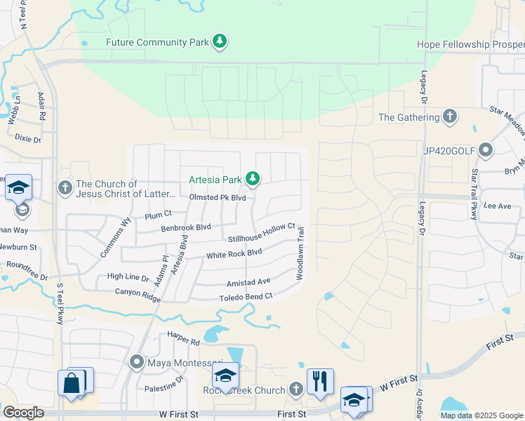 map of restaurants, bars, coffee shops, grocery stores, and more near 16608 Spence Park Lane in Prosper