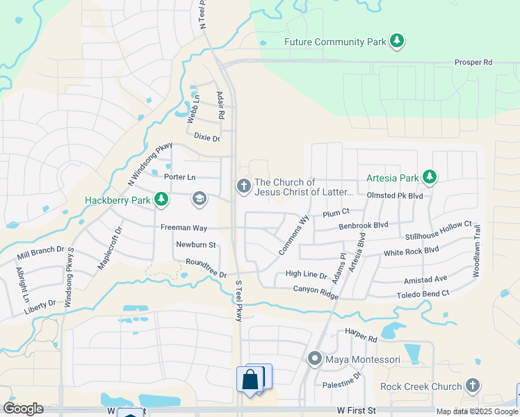 map of restaurants, bars, coffee shops, grocery stores, and more near 15521 Piedmont Park Drive in Prosper