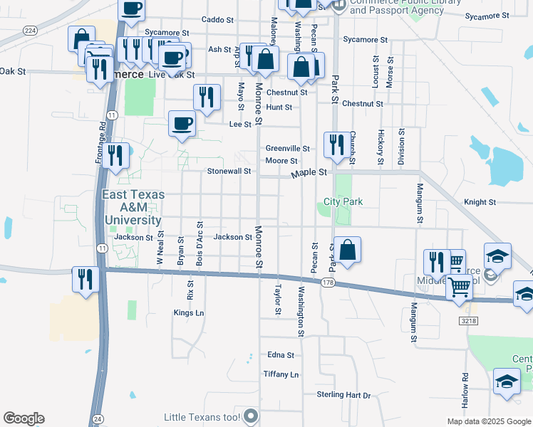map of restaurants, bars, coffee shops, grocery stores, and more near 2312 Monroe Street in Commerce