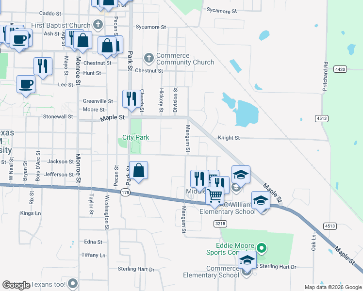 map of restaurants, bars, coffee shops, grocery stores, and more near 2203 Mangum Street in Commerce