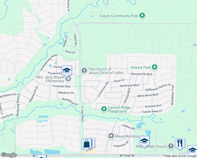 map of restaurants, bars, coffee shops, grocery stores, and more near 15625 Piedmont Park Drive in Prosper