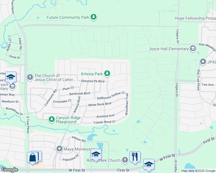 map of restaurants, bars, coffee shops, grocery stores, and more near 2113 Austin Lane in Prosper