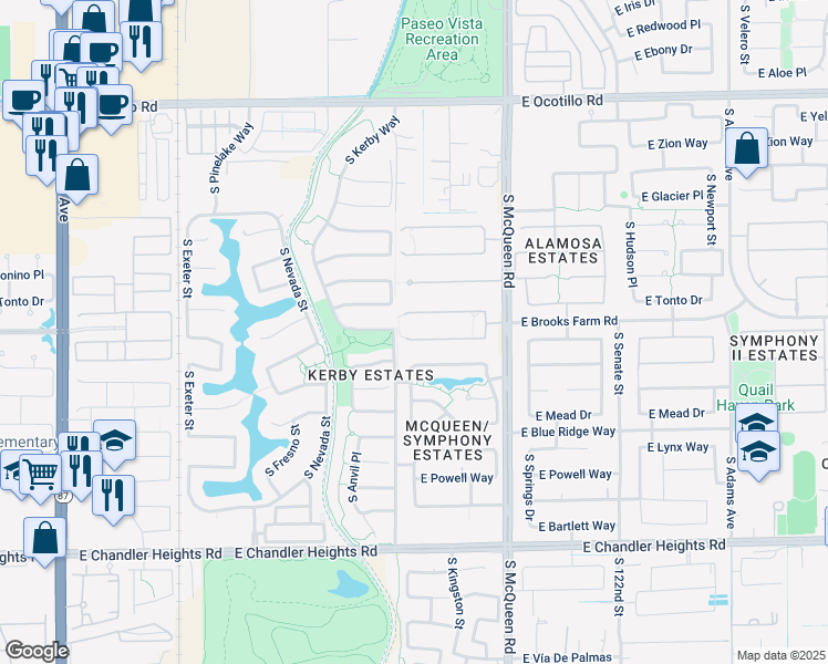map of restaurants, bars, coffee shops, grocery stores, and more near 813 East Horseshoe Place in Chandler