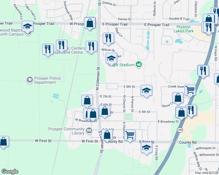map of restaurants, bars, coffee shops, grocery stores, and more near 481 Butterfly Boulevard in Prosper