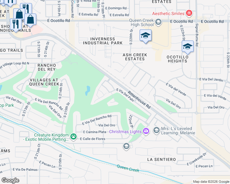 map of restaurants, bars, coffee shops, grocery stores, and more near 22081 East Vía Del Palo in Queen Creek