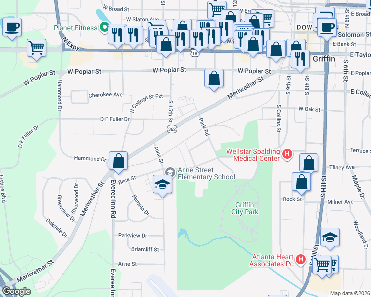 map of restaurants, bars, coffee shops, grocery stores, and more near 721 Scales Street in Griffin