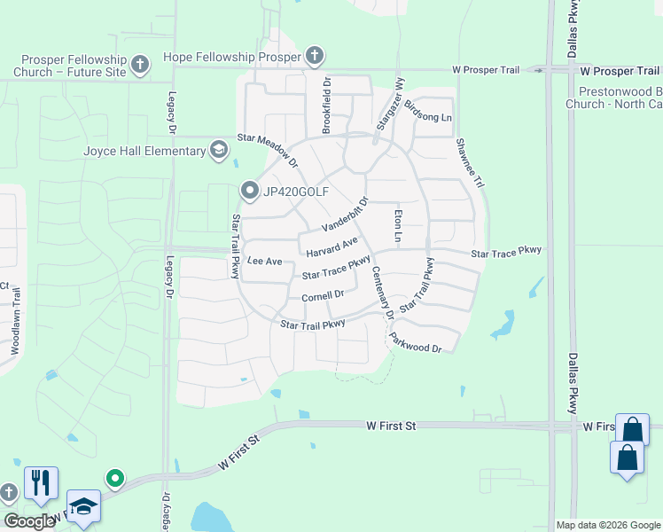 map of restaurants, bars, coffee shops, grocery stores, and more near 1961 Star Trace Parkway in Prosper