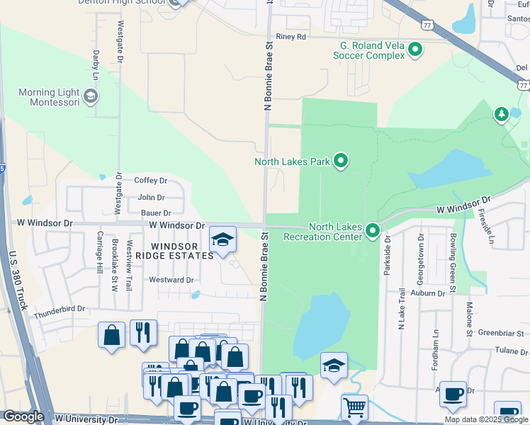 map of restaurants, bars, coffee shops, grocery stores, and more near 2748 North Bonnie Brae Street in Denton