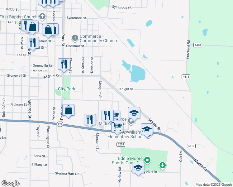 map of restaurants, bars, coffee shops, grocery stores, and more near 409A-B Maple Street in Commerce