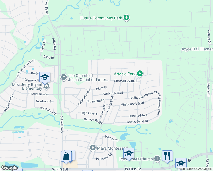 map of restaurants, bars, coffee shops, grocery stores, and more near 16126 Plum Court in Prosper