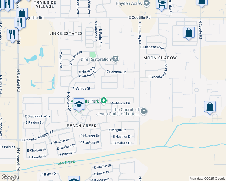 map of restaurants, bars, coffee shops, grocery stores, and more near 1379 East Vernoa Street in San Tan Valley