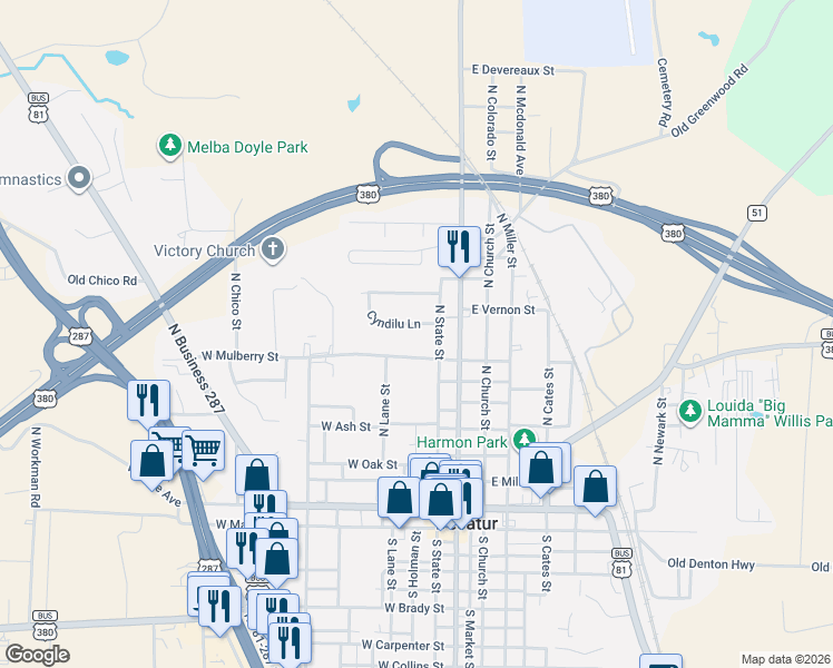 map of restaurants, bars, coffee shops, grocery stores, and more near 300 West Mulberry Street in Decatur