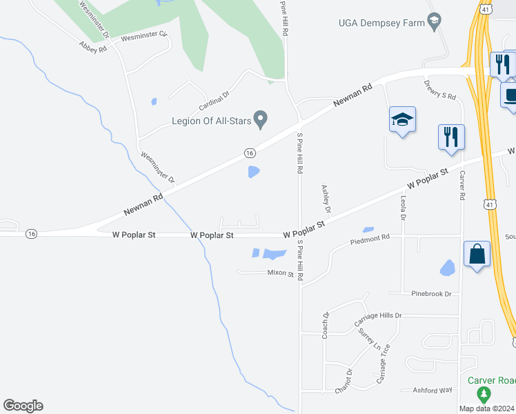 map of restaurants, bars, coffee shops, grocery stores, and more near 138 Poplar Pointe Terrace in Griffin