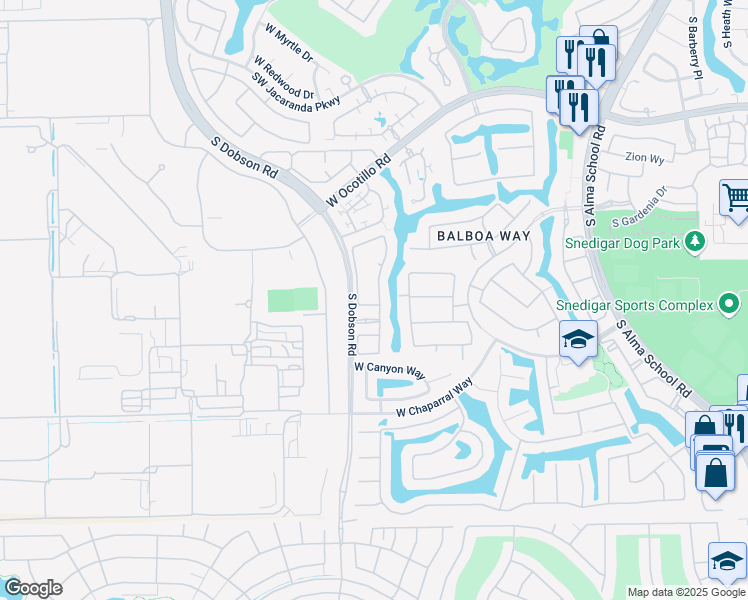 map of restaurants, bars, coffee shops, grocery stores, and more near 4460 South Pecan Drive in Chandler