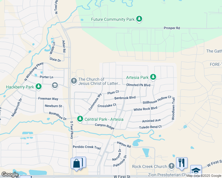 map of restaurants, bars, coffee shops, grocery stores, and more near 16021 Plum Court in Prosper