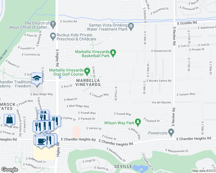 map of restaurants, bars, coffee shops, grocery stores, and more near 3546 East Anika Drive in Gilbert