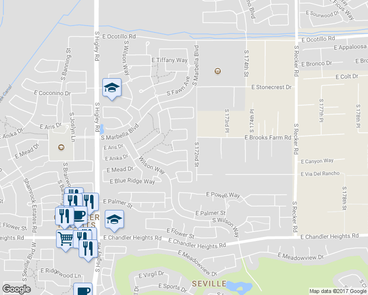map of restaurants, bars, coffee shops, grocery stores, and more near 3546 East Anika Drive in Gilbert