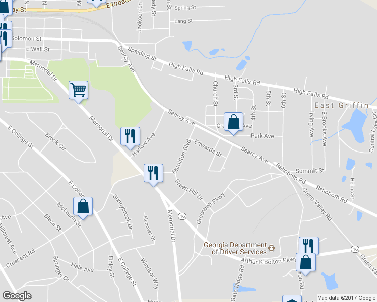 map of restaurants, bars, coffee shops, grocery stores, and more near 930 Hamilton Boulevard in Griffin