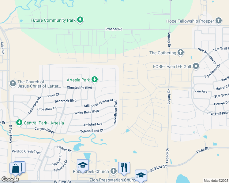 map of restaurants, bars, coffee shops, grocery stores, and more near 16716 Spence Park Lane in Prosper
