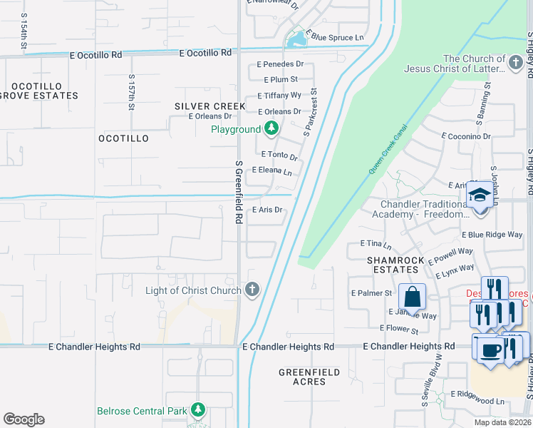 map of restaurants, bars, coffee shops, grocery stores, and more near 2467 East Aris Drive in Gilbert