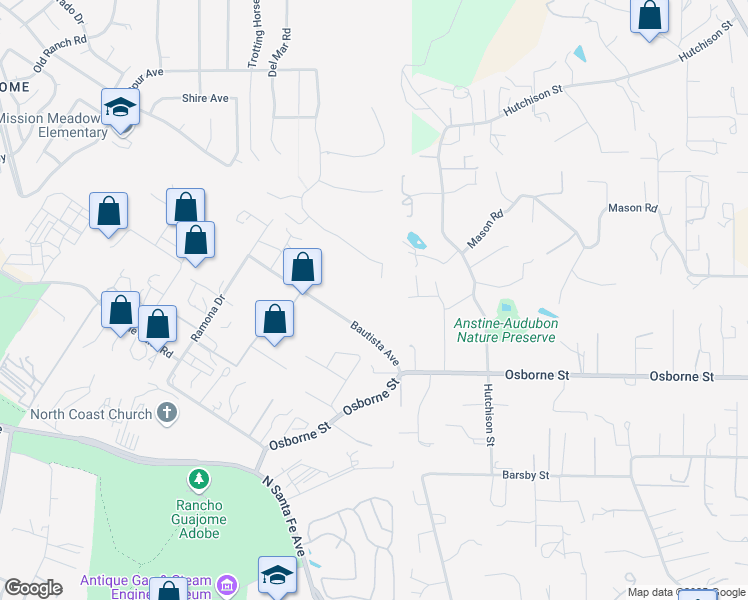 map of restaurants, bars, coffee shops, grocery stores, and more near 2205 Bautista Avenue in Vista
