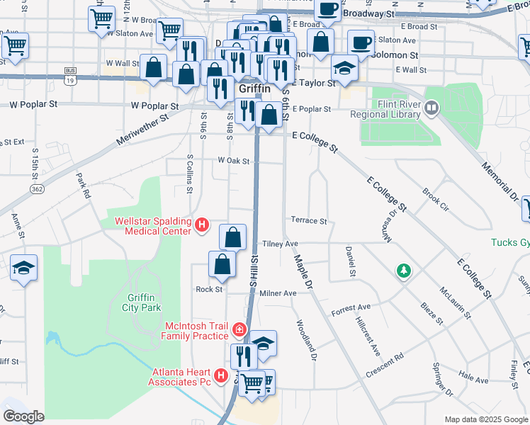 map of restaurants, bars, coffee shops, grocery stores, and more near 570 South Hill Street in Griffin