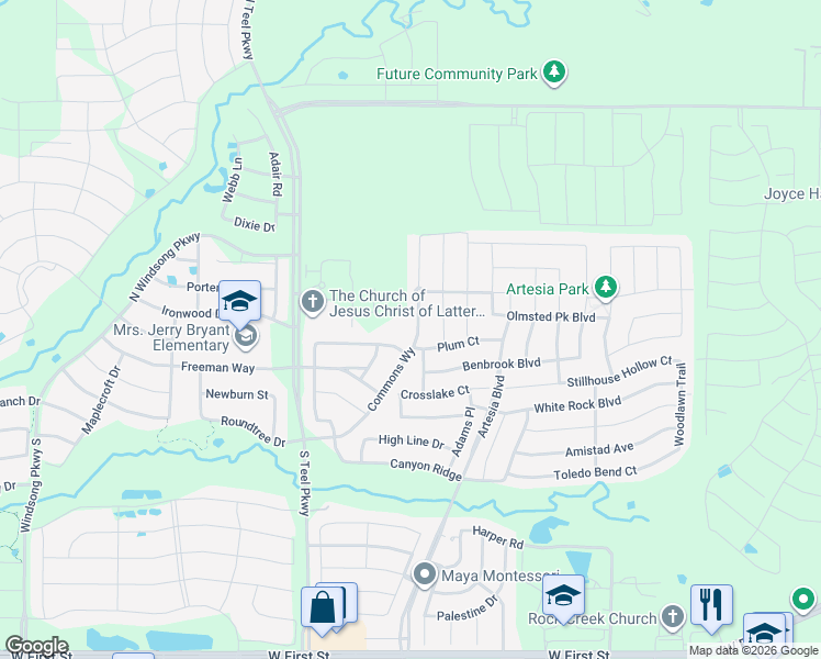 map of restaurants, bars, coffee shops, grocery stores, and more near 2001 Commons Way in Prosper
