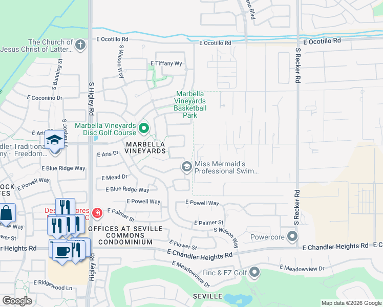 map of restaurants, bars, coffee shops, grocery stores, and more near 6061 South Legend Drive in Gilbert