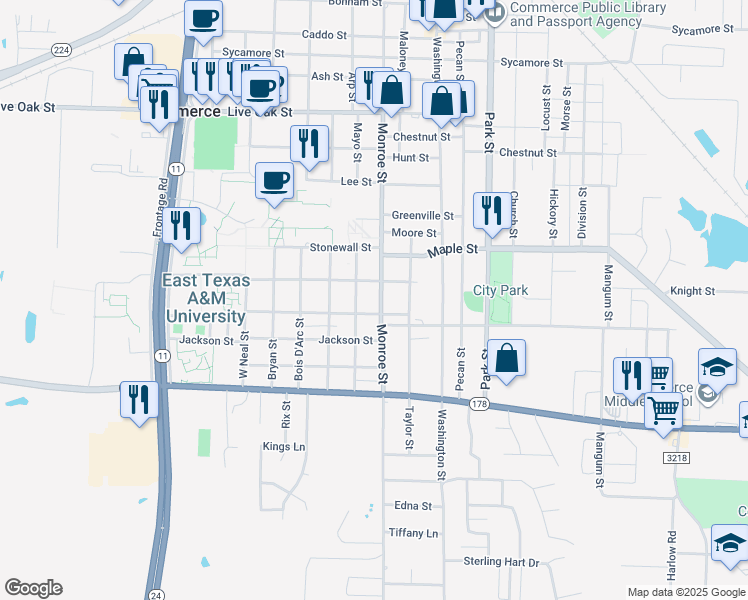 map of restaurants, bars, coffee shops, grocery stores, and more near 2312 Monroe Street in Commerce