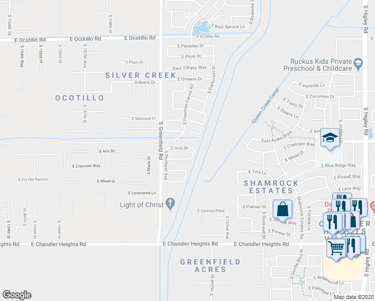 map of restaurants, bars, coffee shops, grocery stores, and more near 2497 East Aris Drive in Gilbert