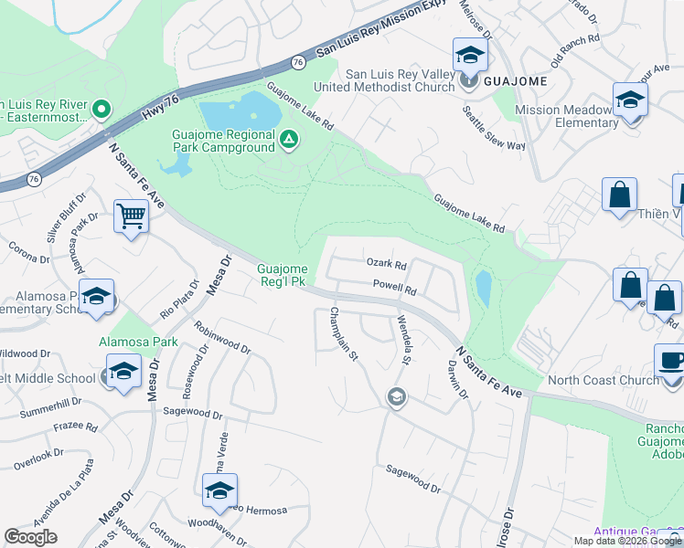 map of restaurants, bars, coffee shops, grocery stores, and more near 1429 Powell Road in Oceanside