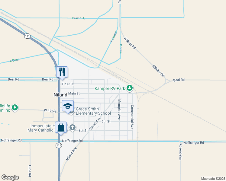 map of restaurants, bars, coffee shops, grocery stores, and more near 2 Main Street in Niland