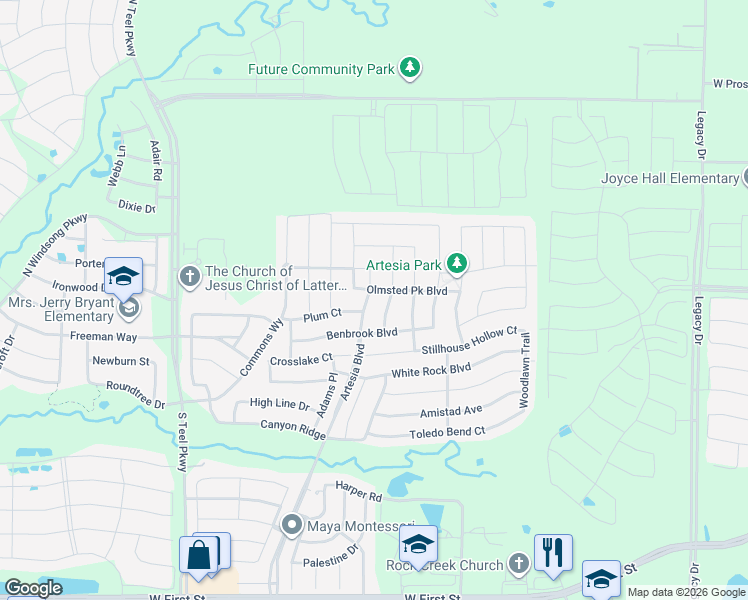 map of restaurants, bars, coffee shops, grocery stores, and more near 2005 Overton Park Drive in Prosper