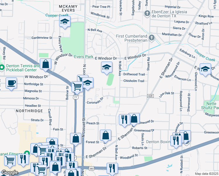 map of restaurants, bars, coffee shops, grocery stores, and more near 301 Coronado Drive in Denton