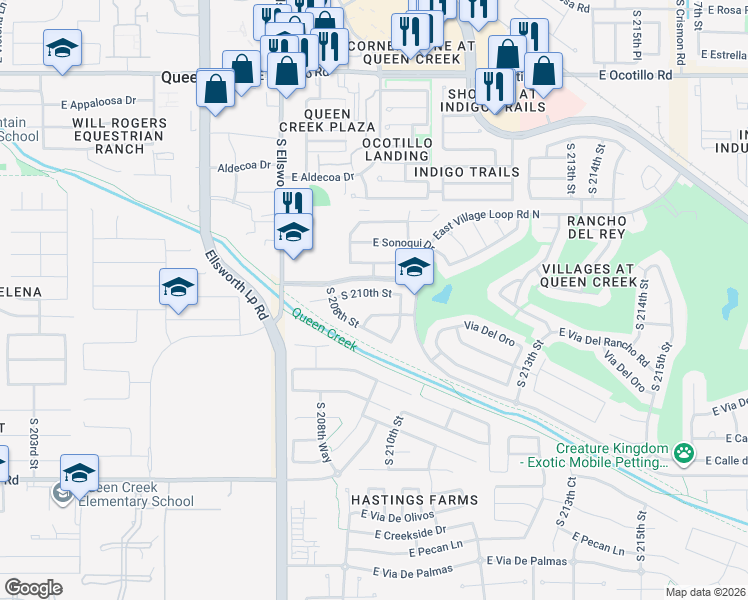map of restaurants, bars, coffee shops, grocery stores, and more near 20901 East Via del Rancho in Queen Creek