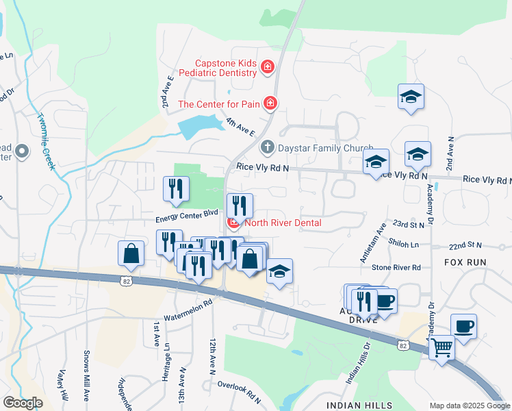 map of restaurants, bars, coffee shops, grocery stores, and more near 1062 Fairfax Drive in Tuscaloosa