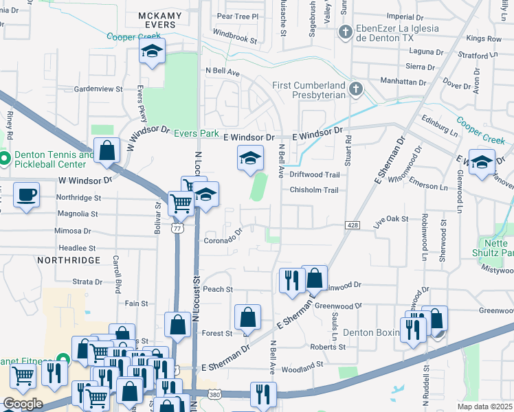 map of restaurants, bars, coffee shops, grocery stores, and more near 301 Coronado Drive in Denton