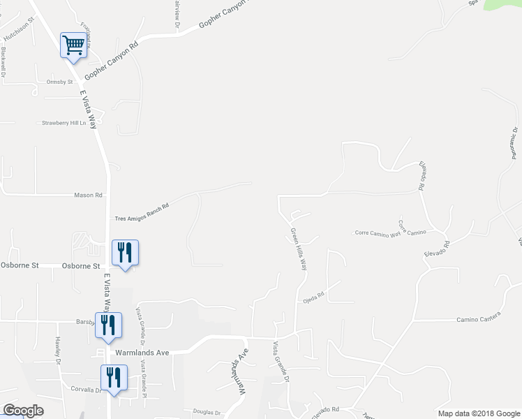 map of restaurants, bars, coffee shops, grocery stores, and more near 2576 Green Hills Way in Vista
