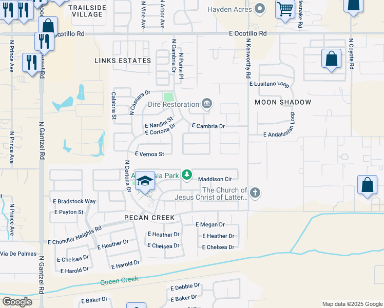 map of restaurants, bars, coffee shops, grocery stores, and more near 1408 East Christopher Street in San Tan Valley