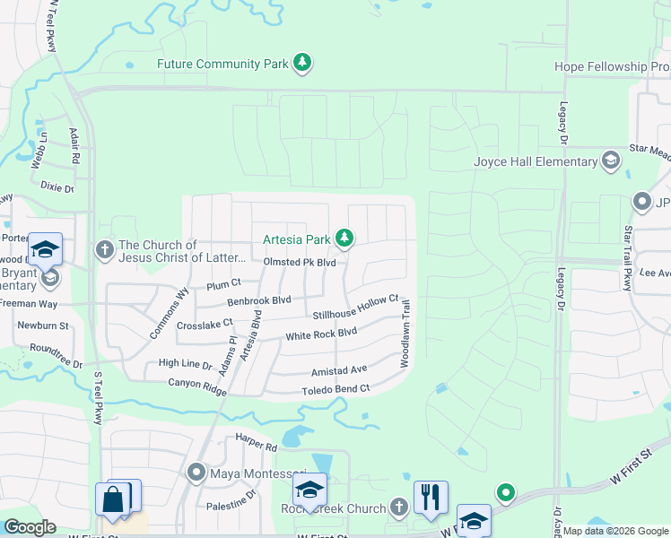 map of restaurants, bars, coffee shops, grocery stores, and more near 2113 Austin Lane in Prosper